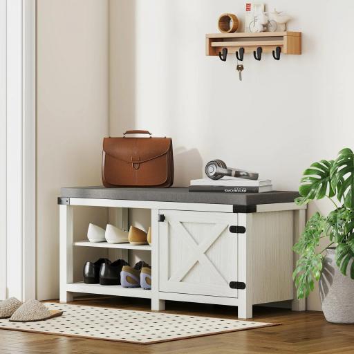 Zapatero con Asiento Compartimentos para 7 Pares de Zapatos para Entrada Salón Dormitorio 100x40x48 cm Blanco Grisáceo