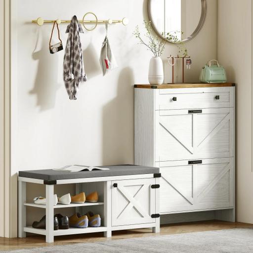 Zapatero con Asiento Compartimentos para 7 Pares de Zapatos para Entrada Salón Dormitorio 100x40x48 cm Blanco Grisáceo [3]