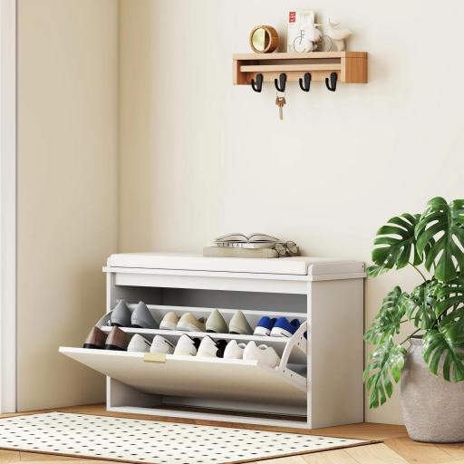 Banco Zapatero con Asiento Acolchado Cajón Abatible y Estante Ajustable para Entrada o Dormitorio 80x26x47,5 cm Blanco