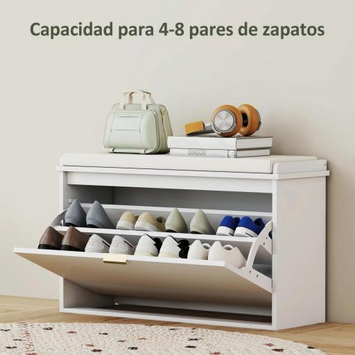 Banco Zapatero con Asiento Acolchado Cajón Abatible y Estante Ajustable para Entrada o Dormitorio 80x26x47,5 cm Blanco [3]