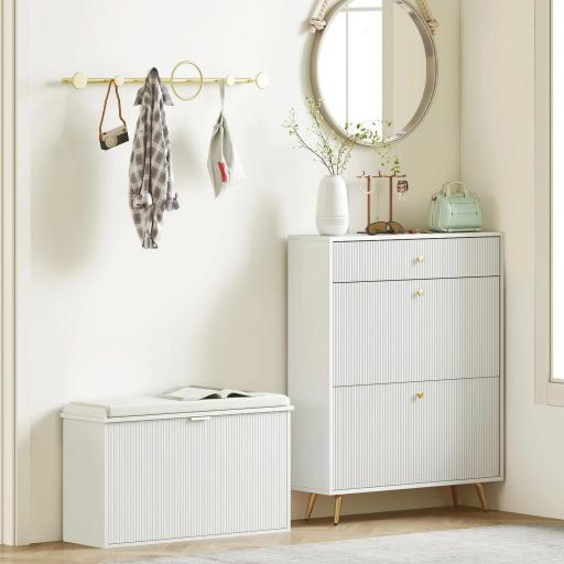 Banco Zapatero con Asiento Acolchado Cajón Abatible y Estante Ajustable para Entrada o Dormitorio 80x26x47,5 cm Blanco [5]