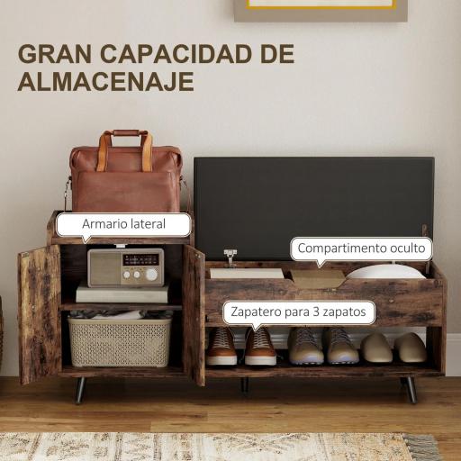 Banco Zapatero Industrial con Asiento Acolchado Compartimento Oculto Estantes Puertas 127x35x59 cm Marrón Rústico [3]