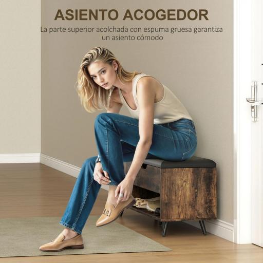 Banco Zapatero Industrial con Asiento Acolchado Compartimento Oculto Estantes Puertas 127x35x59 cm Marrón Rústico [2]