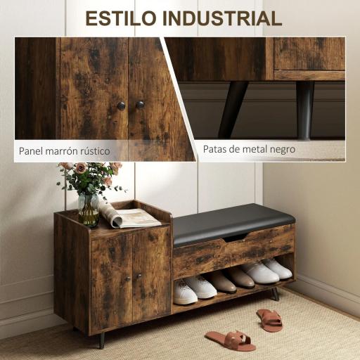 Banco Zapatero Industrial con Asiento Acolchado Compartimento Oculto Estantes Puertas 127x35x59 cm Marrón Rústico [4]
