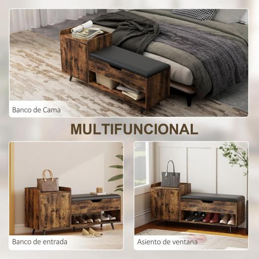 Banco Zapatero Industrial con Asiento Acolchado Compartimento Oculto Estantes Puertas 127x35x59 cm Marrón Rústico [5]