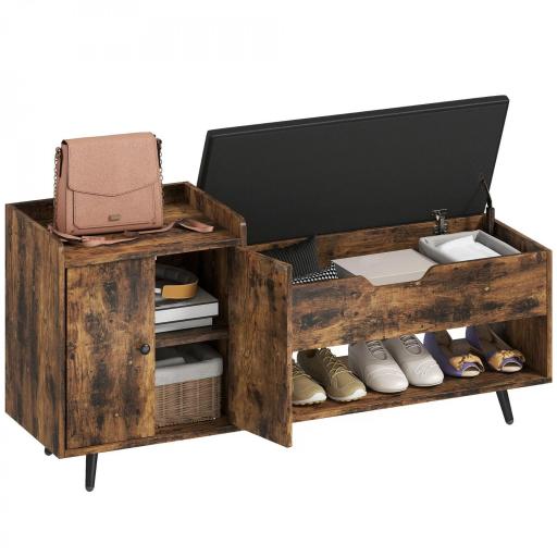 Banco Zapatero Industrial con Asiento Acolchado Compartimento Oculto Estantes Puertas 127x35x59 cm Marrón Rústico [8]