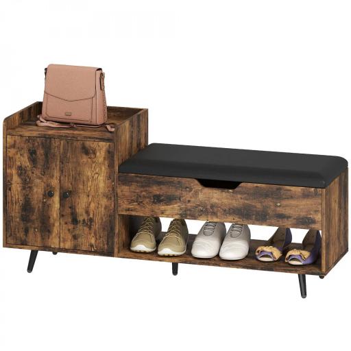 Banco Zapatero Industrial con Asiento Acolchado Compartimento Oculto Estantes Puertas 127x35x59 cm Marrón Rústico [9]