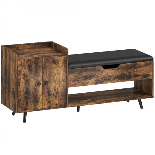 Banco Zapatero Industrial con Asiento Acolchado Compartimento Oculto Estantes Puertas 127x35x59 cm Marrón Rústico [10]