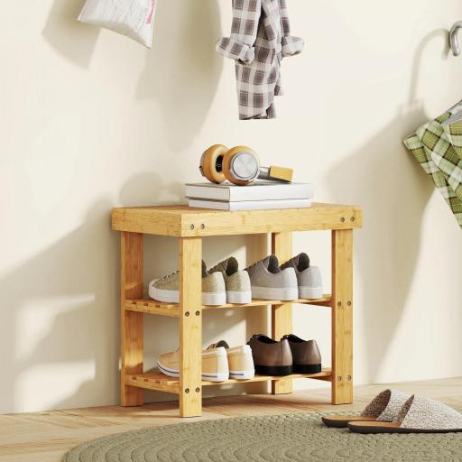 Banco Zapatero de Bambú de 3 Niveles para 4 Pares Zapatos 50x28x45 cm Natural