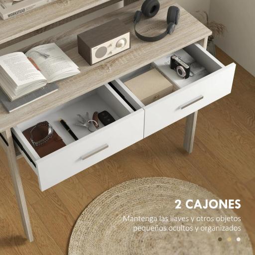 Mesa Consola Escritorio Extensible de 2 Niveles con Rieles Deslizantes 2 Cajones y 2 Ruedas 95x35x87 cm Roble [4]