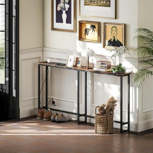 Mesa Consola Estrecha con Estación de Carga Diseño Industrial Estructura de Acero 160x20x80 cm Marrón Rústico