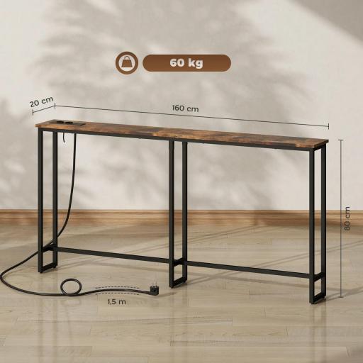 Mesa Consola Estrecha con Estación de Carga Diseño Industrial Estructura de Acero 160x20x80 cm Marrón Rústico [1]