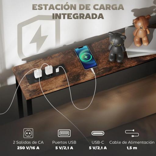 Mesa Consola Estrecha con Estación de Carga Diseño Industrial Estructura de Acero 160x20x80 cm Marrón Rústico [2]