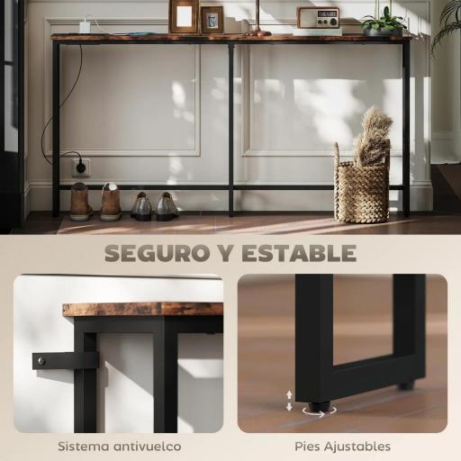Mesa Consola Estrecha con Estación de Carga Diseño Industrial Estructura de Acero 160x20x80 cm Marrón Rústico [3]