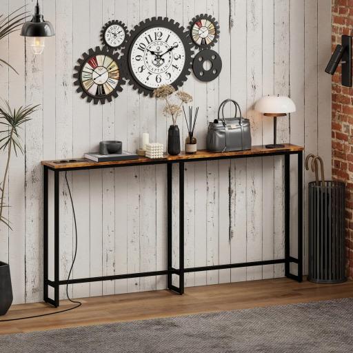 Mesa Consola Estrecha con Estación de Carga Diseño Industrial Estructura de Acero 160x20x80 cm Marrón Rústico [6]