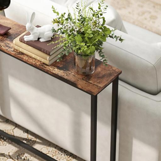 Mesa Consola Estrecha con Estación de Carga Diseño Industrial Estructura de Acero 160x20x80 cm Marrón Rústico [4]