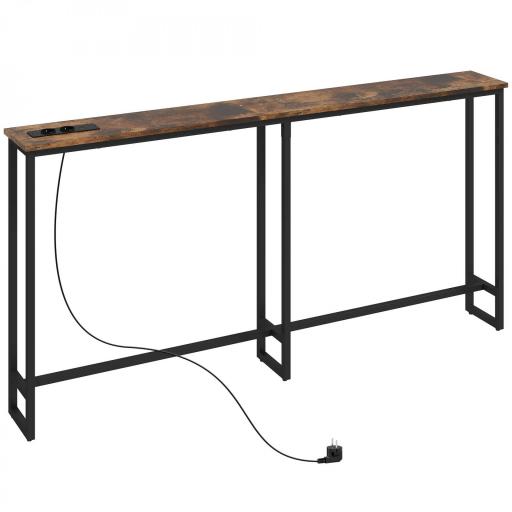 Mesa Consola Estrecha con Estación de Carga Diseño Industrial Estructura de Acero 160x20x80 cm Marrón Rústico [8]
