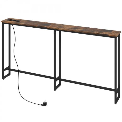 Mesa Consola Estrecha con Estación de Carga Diseño Industrial Estructura de Acero 160x20x80 cm Marrón Rústico [9]