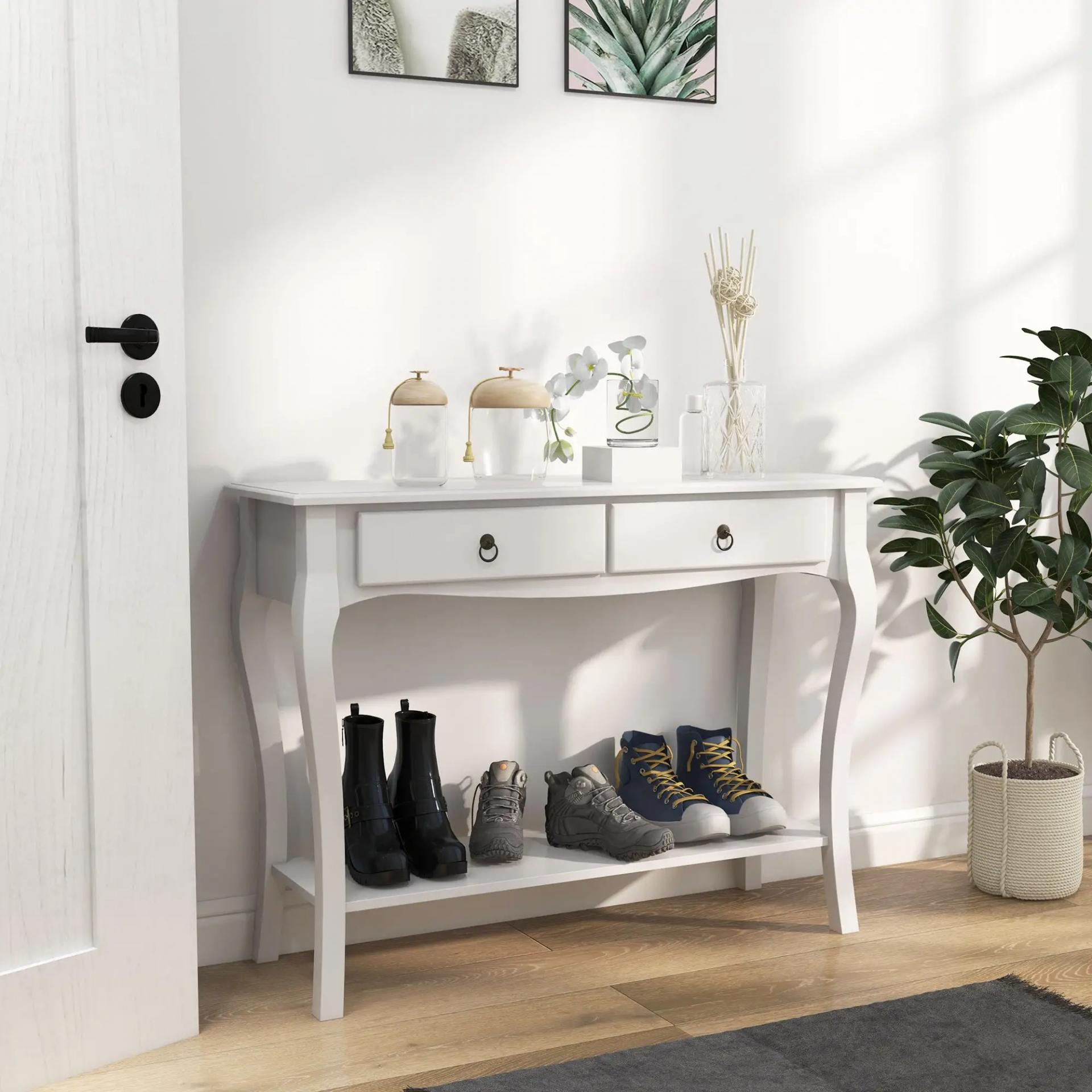 Mesa Consola Aparador Salón Comedor Mueble Recibidor Mesa Auxiliar con Cajones y Estante Diseño Elegante 100x33x75cm Madera Color Blanco Brillo