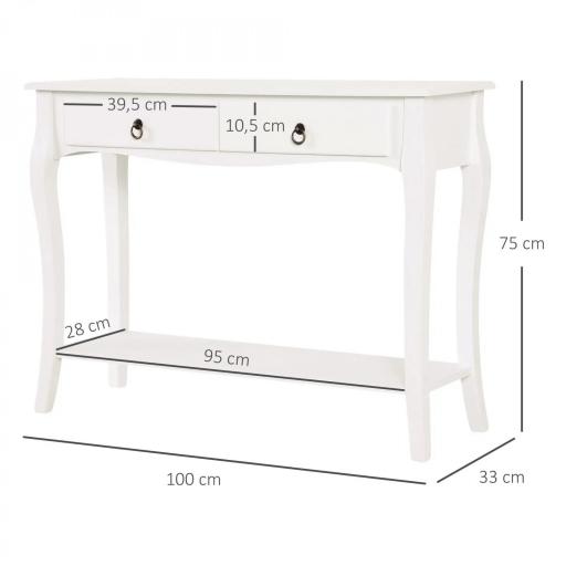 Mesa Consola Aparador Salón Comedor Mueble Recibidor Mesa Auxiliar con Cajones y Estante Diseño Elegante 100x33x75cm Madera Color Blanco Brillo [1]