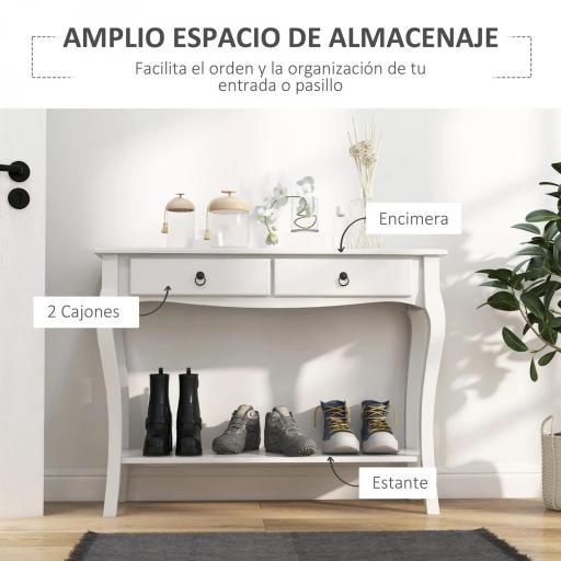 Mesa Consola Aparador Salón Comedor Mueble Recibidor Mesa Auxiliar con Cajones y Estante Diseño Elegante 100x33x75cm Madera Color Blanco Brillo [2]