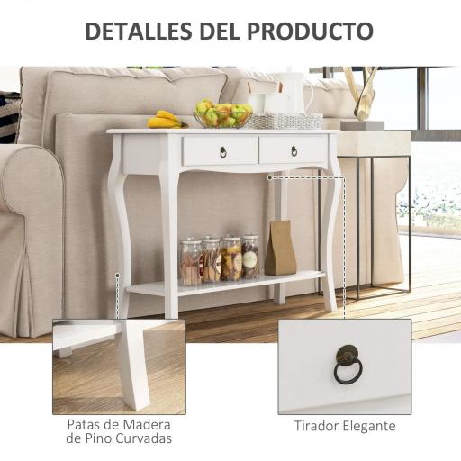 Mesa Consola Aparador Salón Comedor Mueble Recibidor Mesa Auxiliar con Cajones y Estante Diseño Elegante 100x33x75cm Madera Color Blanco Brillo [3]