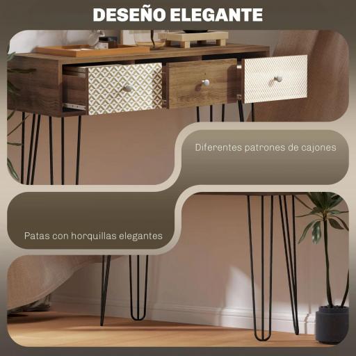 Mesa de Consola Mesa de Sofá con 3 Cajones con Patas de Acero Tipo Horquilla Estilo Bohemio Natural [3]