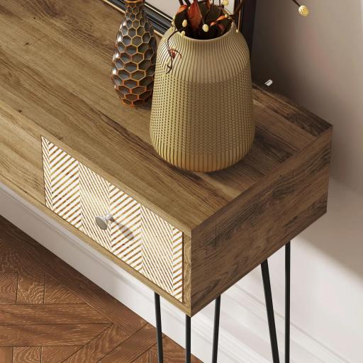 Mesa de Consola Mesa de Sofá con 3 Cajones con Patas de Acero Tipo Horquilla Estilo Bohemio Natural [5]