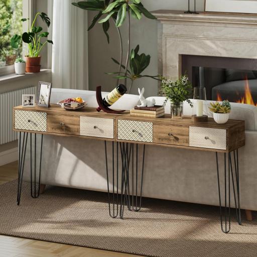 Mesa de Consola Mesa de Sofá con 3 Cajones con Patas de Acero Tipo Horquilla Estilo Bohemio Natural [4]