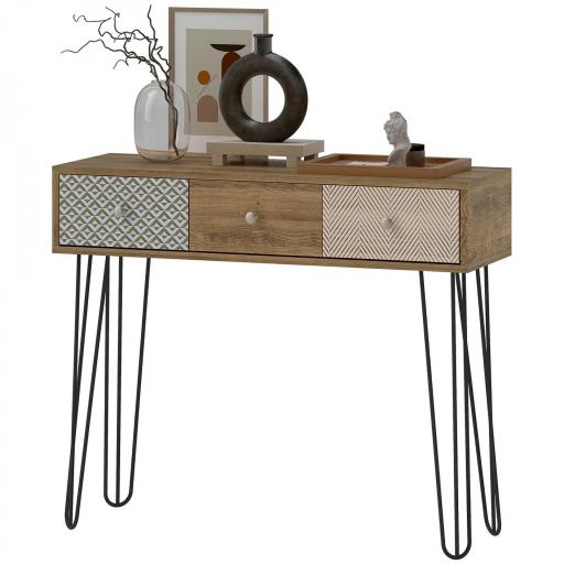 Mesa de Consola Mesa de Sofá con 3 Cajones con Patas de Acero Tipo Horquilla Estilo Bohemio Natural [9]