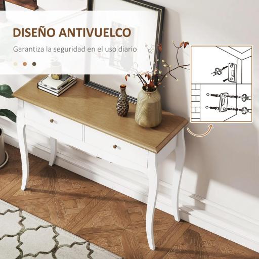 Mesa de Consola con 2 Cajones Estilo Francés para Pasillo Dormitorio Salón 100x35x76,5 cm Blanco y Marrón Oscuro [3]