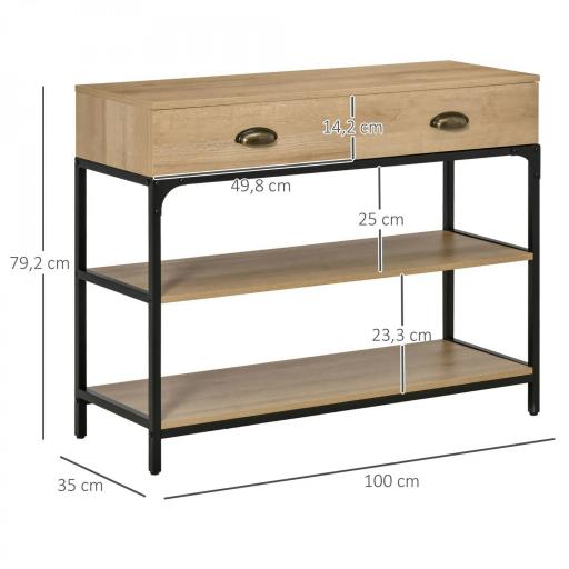 Mesa de Entrada con 2 Cajones y 2 Estantes de Almacenamiento Marco de Acero 100x35x79,2 cm Roble [1]