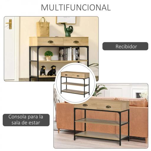 Mesa de Entrada con 2 Cajones y 2 Estantes de Almacenamiento Marco de Acero 100x35x79,2 cm Roble [4]
