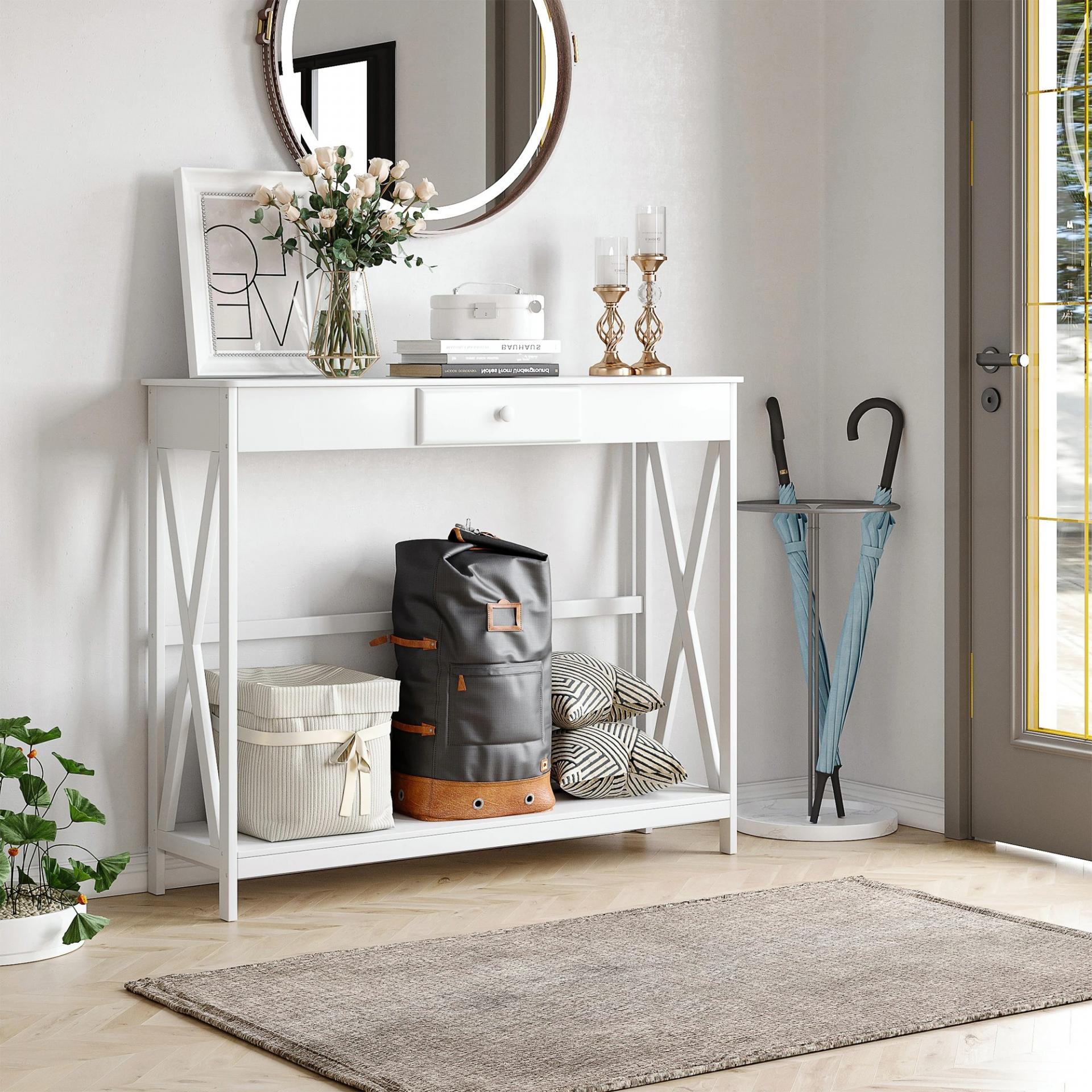 Mesa de Consola de Madera Mesa de Entrada con 1 Cajón y 1 Estante de Almacenaje para Pasillo Salón 100x30x81cm Blanco