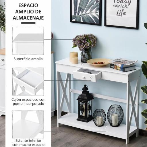 Mesa de Consola de Madera Mesa de Entrada con 1 Cajón y 1 Estante de Almacenaje para Pasillo Salón 100x30x81cm Blanco [2]