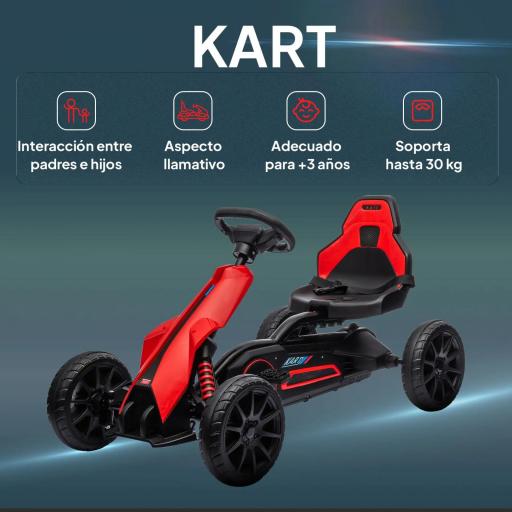Kart a Pedales para Niños 3-8 Años con Asiento Regulable en 4 Posiciones y Ruedas de EVA 100x58x58,5 cm Rojo [3]
