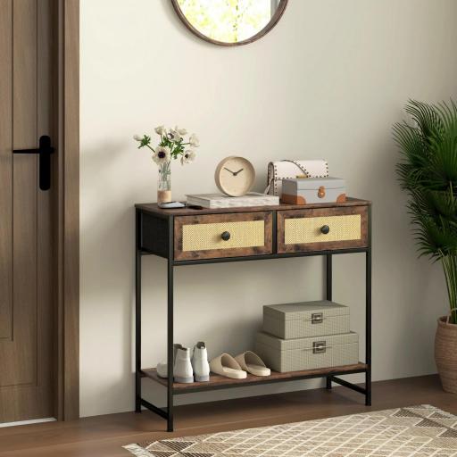 Mesa Consola con Estante Abierto y 2 Cajones Frontales de Ratán Consola para Recibidor 80x30x75 cm Marrón Rústico