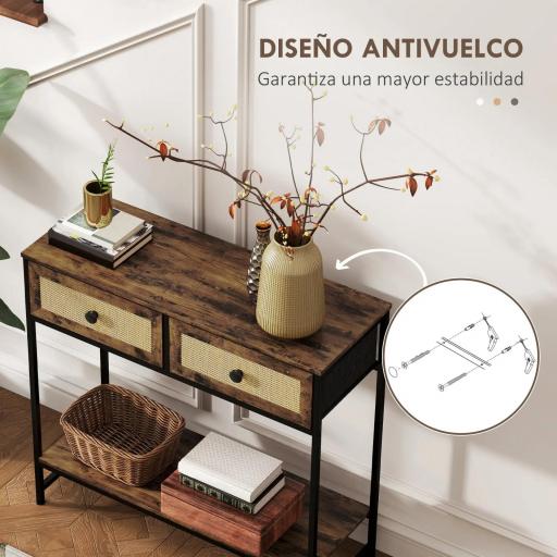 Mesa Consola con Estante Abierto y 2 Cajones Frontales de Ratán Consola para Recibidor 80x30x75 cm Marrón Rústico [2]