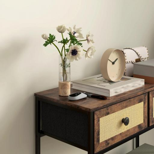 Mesa Consola con Estante Abierto y 2 Cajones Frontales de Ratán Consola para Recibidor 80x30x75 cm Marrón Rústico [6]