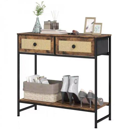 Mesa Consola con Estante Abierto y 2 Cajones Frontales de Ratán Consola para Recibidor 80x30x75 cm Marrón Rústico [9]