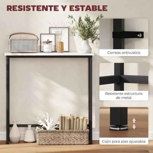 Consola Recibidor Estrecha con Superficie con Efecto Mármol y Marco de Metal 75x24x76 cm Blanco y Negro [2]