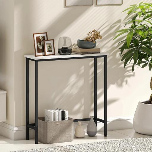 Consola Recibidor Estrecha con Superficie con Efecto Mármol y Marco de Metal 75x24x76 cm Blanco y Negro [3]