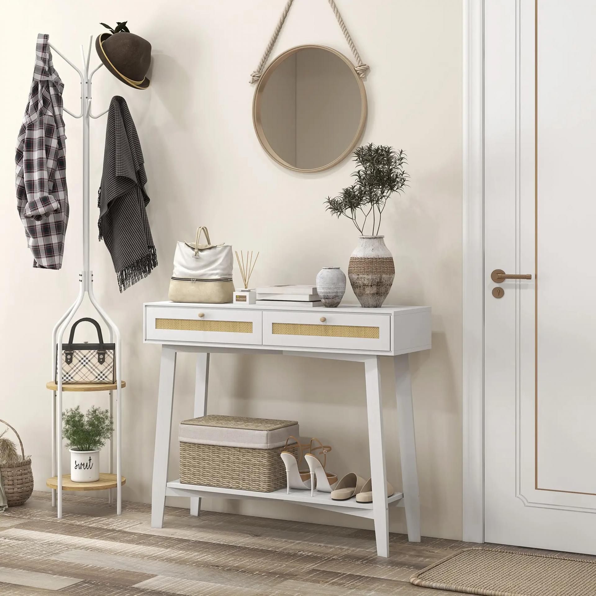 Consola Recibidor Mesa de Entrada con 2 Cajones de Diseño de Ratán y Estante Abierto para Pasillo 100x30x81 cm Blanco