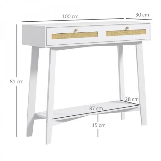 Consola Recibidor Mesa de Entrada con 2 Cajones de Diseño de Ratán y Estante Abierto para Pasillo 100x30x81 cm Blanco [1]