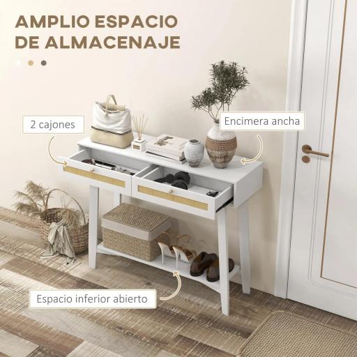 Consola Recibidor Mesa de Entrada con 2 Cajones de Diseño de Ratán y Estante Abierto para Pasillo 100x30x81 cm Blanco [5]