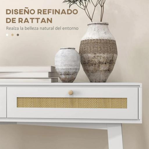 Consola Recibidor Mesa de Entrada con 2 Cajones de Diseño de Ratán y Estante Abierto para Pasillo 100x30x81 cm Blanco [6]