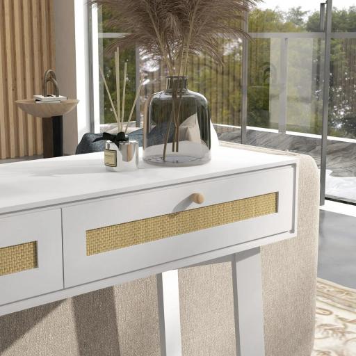 Consola Recibidor Mesa de Entrada con 2 Cajones de Diseño de Ratán y Estante Abierto para Pasillo 100x30x81 cm Blanco [4]