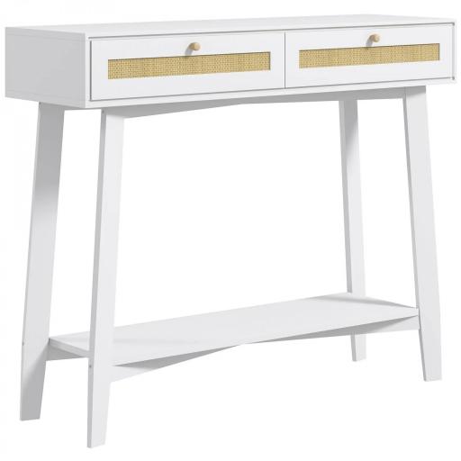 Consola Recibidor Mesa de Entrada con 2 Cajones de Diseño de Ratán y Estante Abierto para Pasillo 100x30x81 cm Blanco [9]