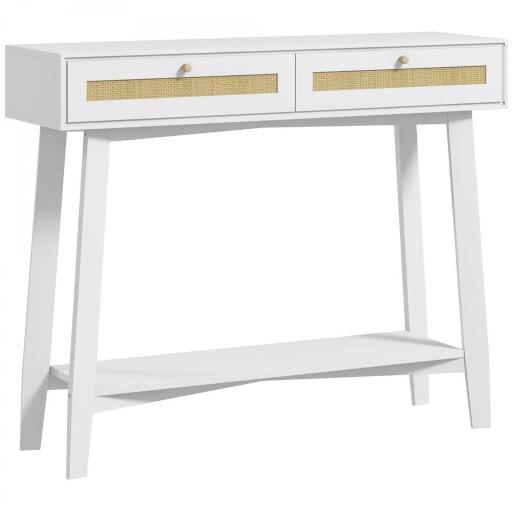 Consola Recibidor Mesa de Entrada con 2 Cajones de Diseño de Ratán y Estante Abierto para Pasillo 100x30x81 cm Blanco [8]