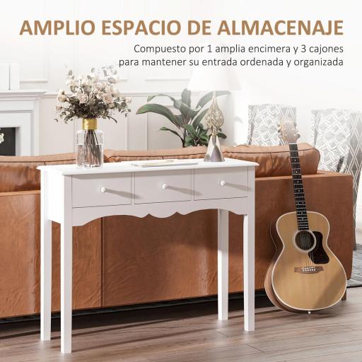 Mesa Consola de Madera Mueble Recibidor de Entrada con 3 Cajones para Salón Pasillo Carga 45 kg 100x32x85 cm Blanco [2]